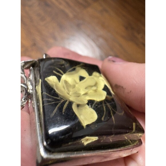 Vintage White Rose Pendant Glass For Necklace Rectangle Silver Tone - Picture 8 of 8